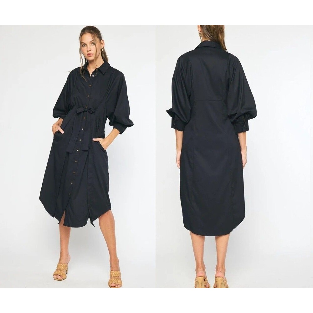 NWT Entro Ballon Puff Sleeves Point Collar Button Down Tie Waist Midi Dress S